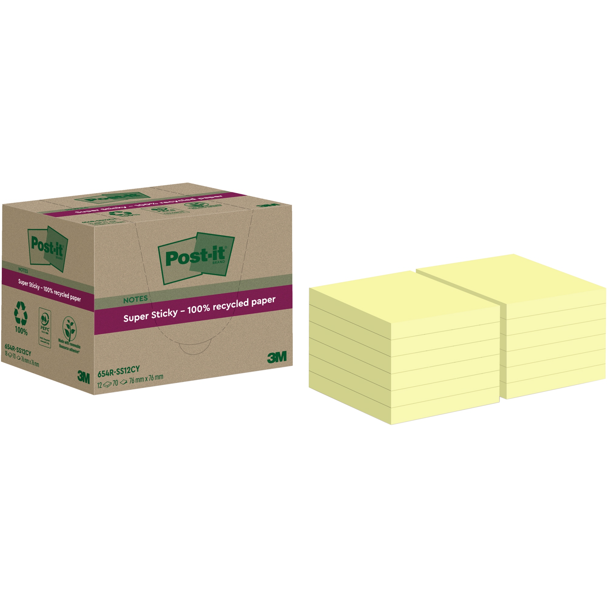 Post-it® Haftnotiz Recycling Notes 76x76mm SuperSticky gelb 12 Block/Pack.
