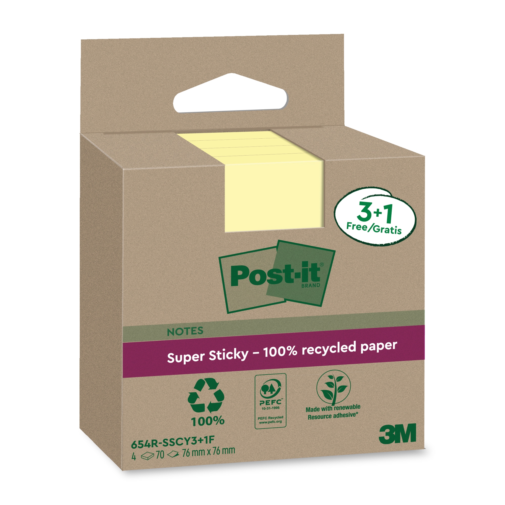 Post-it® Haftnotiz Recycling Notes 76x76mm SuperSticky gelb 4 Block/Pack.