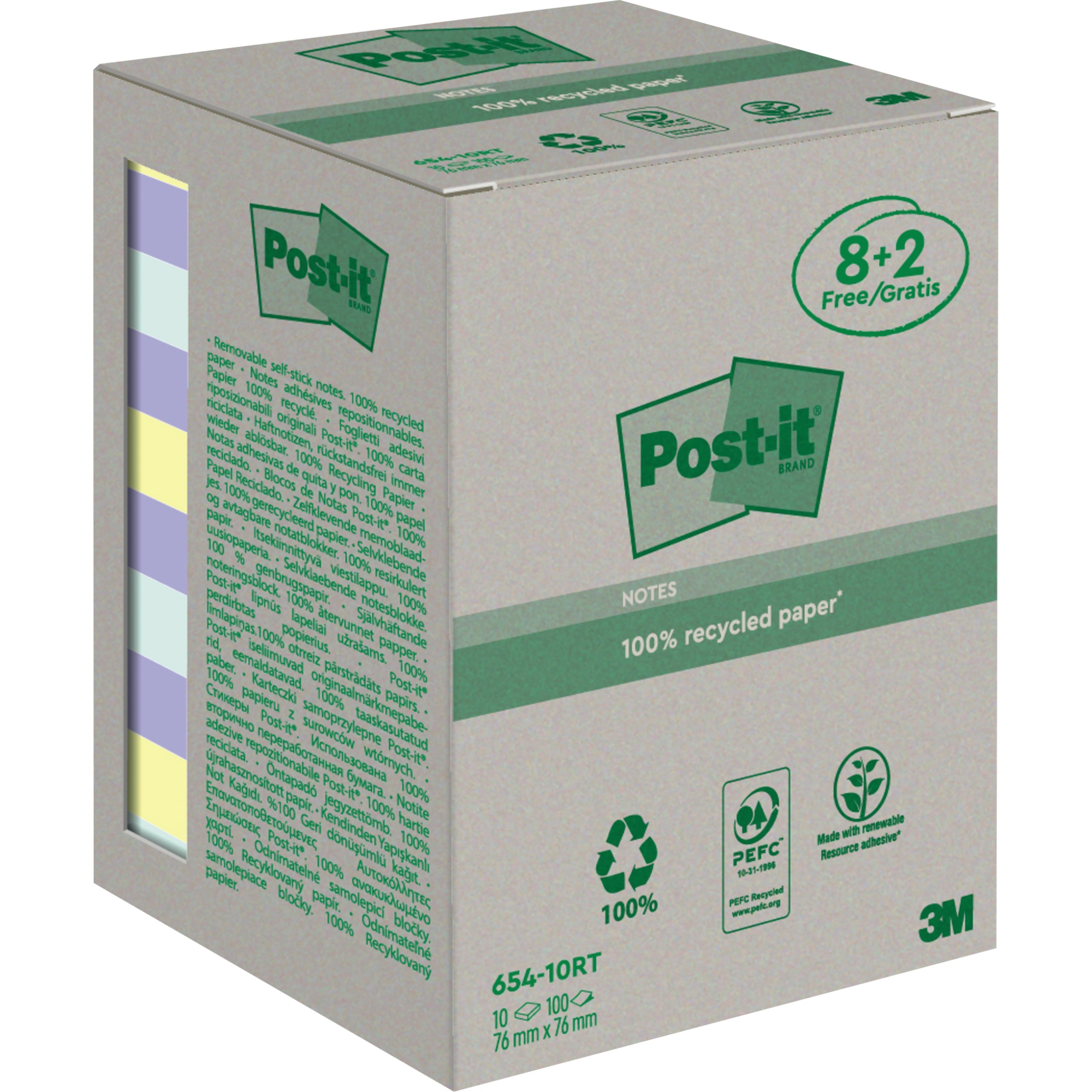 Post-it® Haftnotiz Post-it 76x76mm 3 Farben Recycling Notes 10x100 Blt.