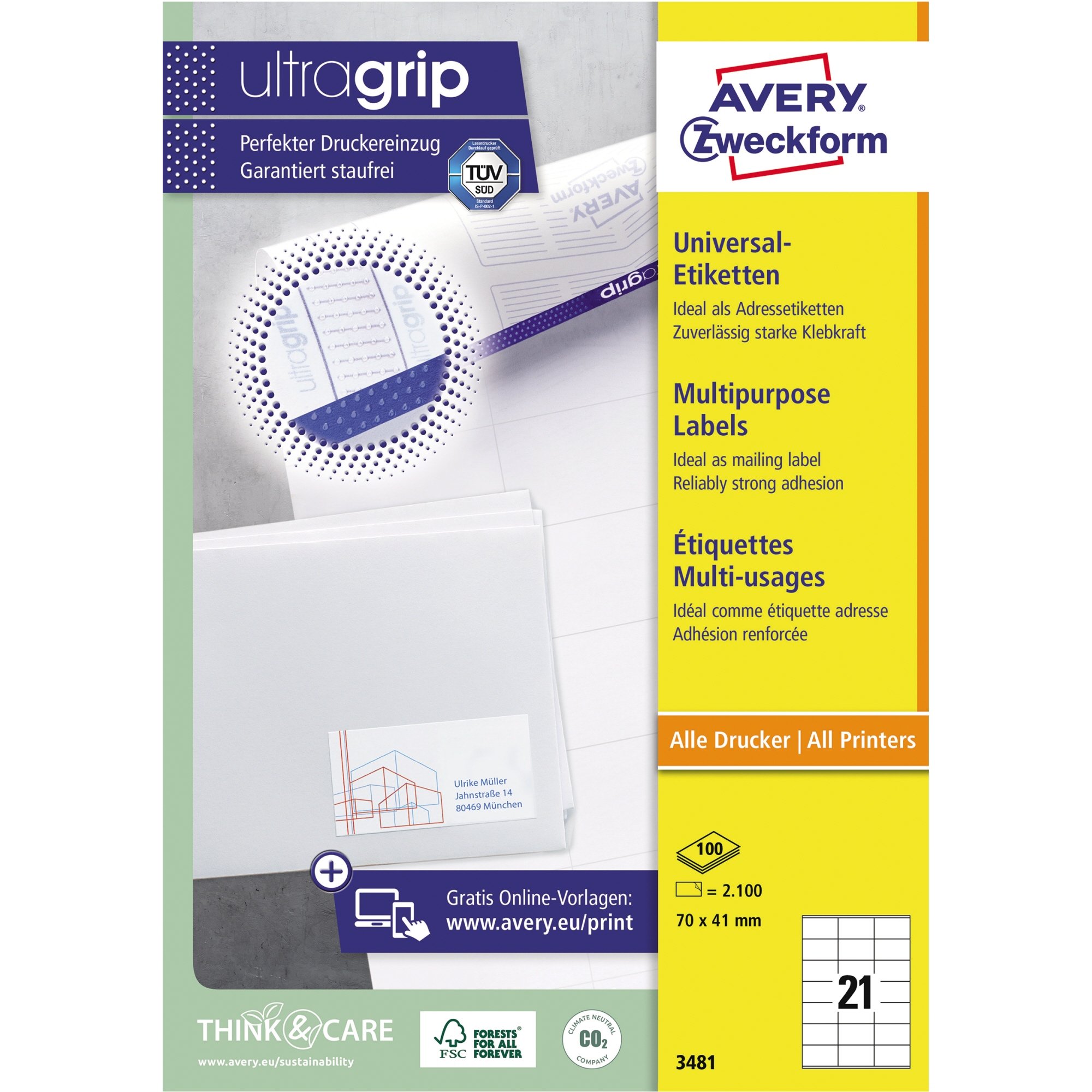 Avery Zweckform Universaletikett ultragrip 3481 70 x 41 mm weiß