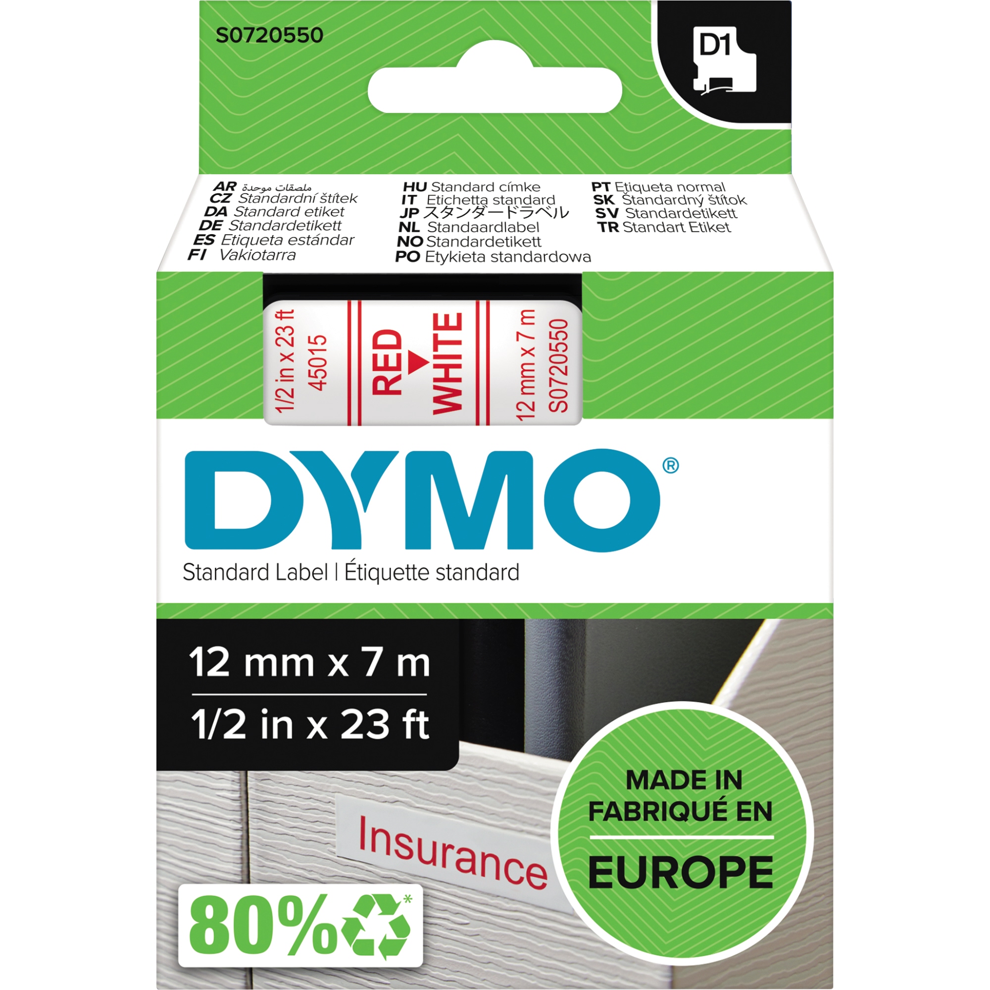 DYMO® Schriftbandkassette D1 12 mm rot auf weiß