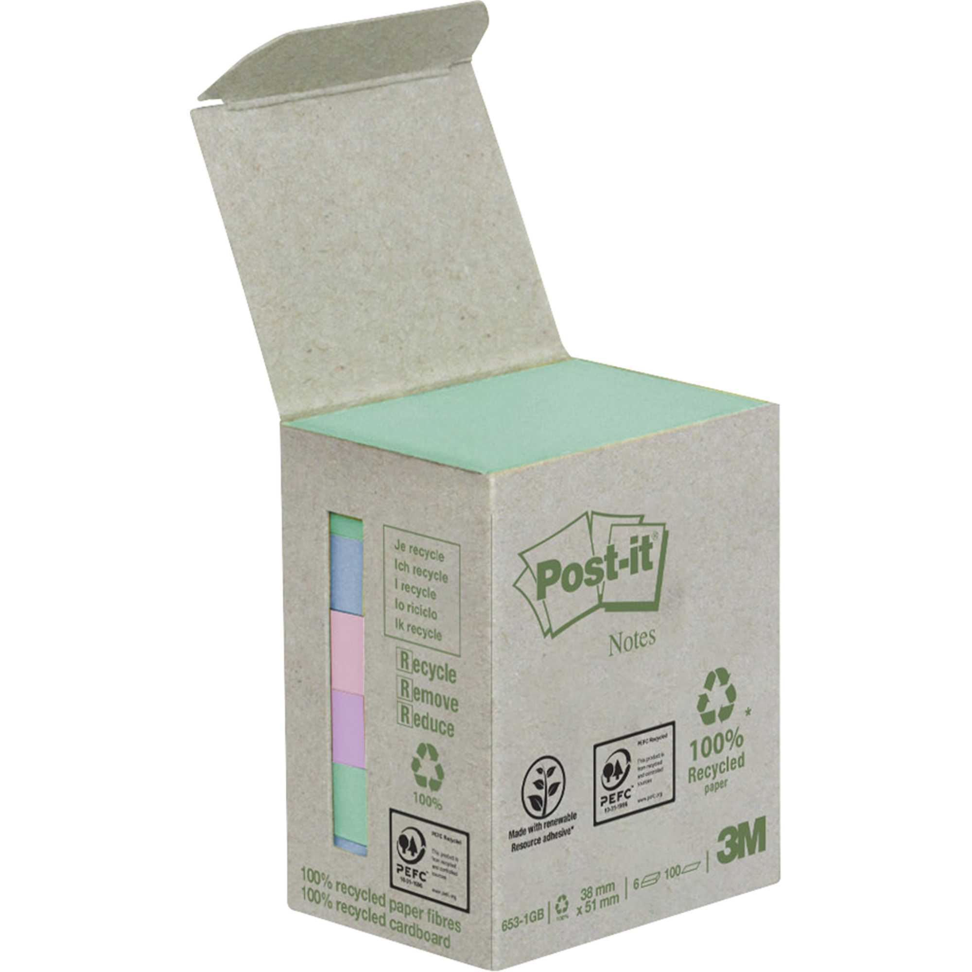 Post-it® Haftnotiz Recycling Notes Mini Tower Pastel Rainbow 51 x 38 mm (B x H)