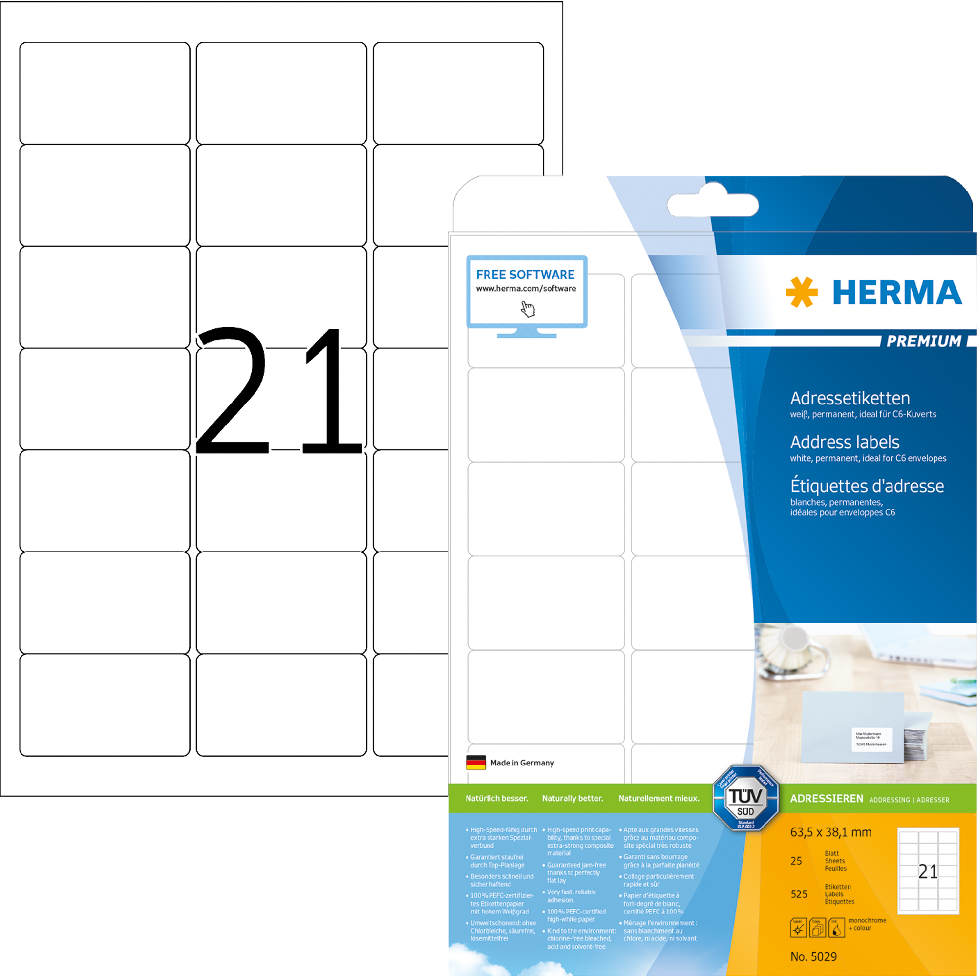 HERMA Adressetikett PREMIUM 63,5 x 38,1 mm 525 Etik./Pack.