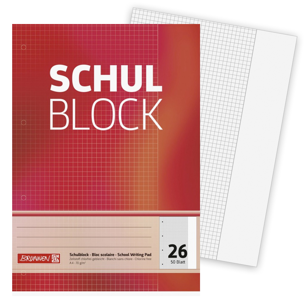 BRUNNEN Schulblock DIN A4, Lineatur 26, mit Rand, 50 Blatt