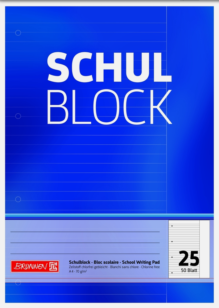 BRUNNEN Schulblock DIN A4, Lineatur 25, mit Rand, 50 Blatt