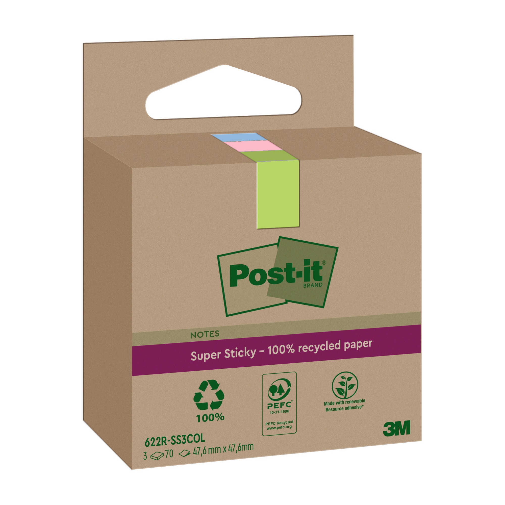 Post-it® Haftnotiz Recycling Notes 47,6x 47,6mmSuperSticky farbig 3 Block/Pack.