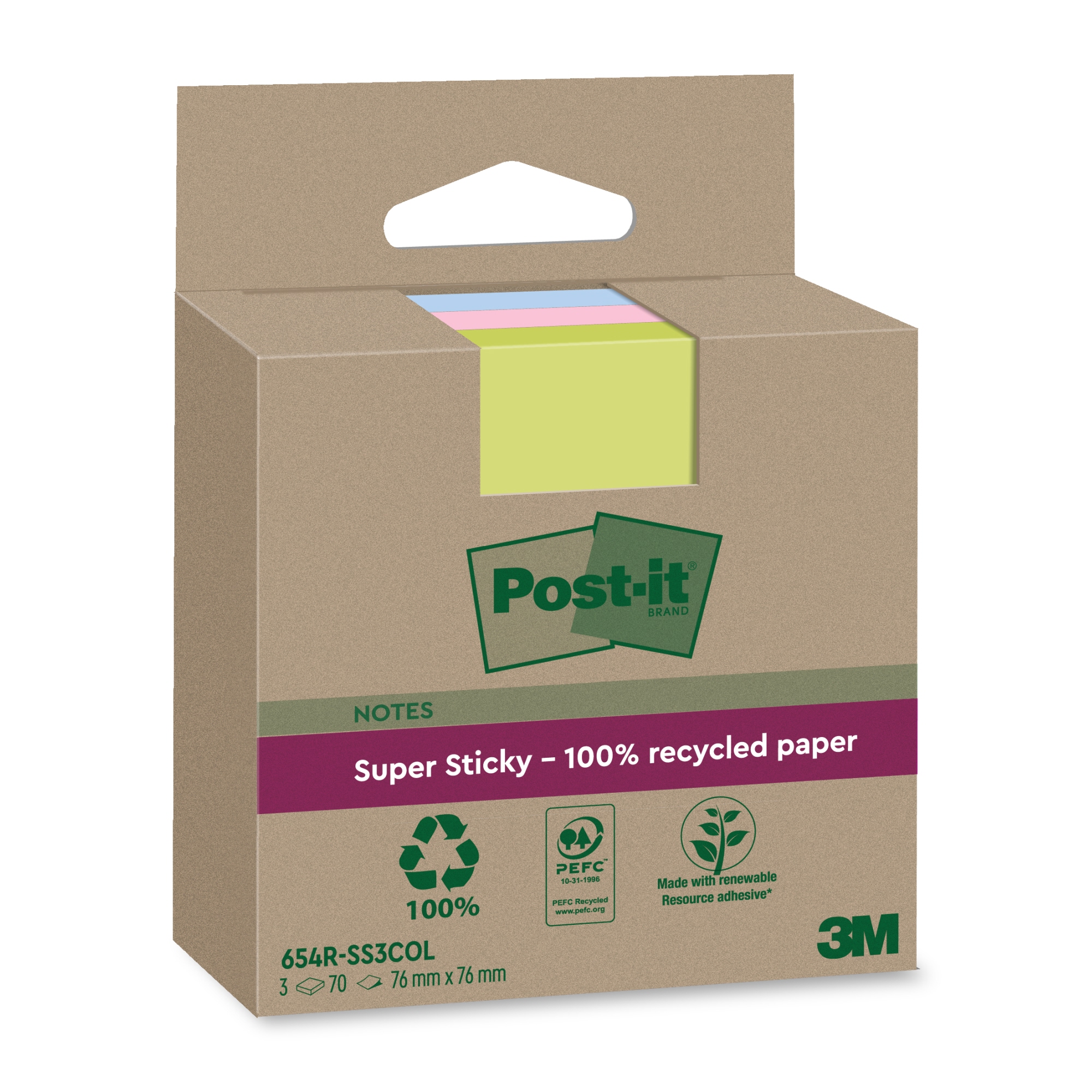 Post-it® Haftnotiz Super Sticky Recycling Notes 76x76mm farbig sortiert 3 Block/Pack.