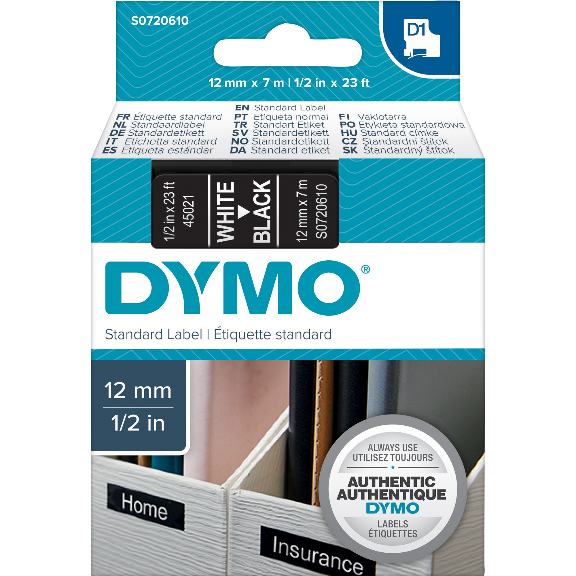 DYMO® Schriftbandkassette D1 12 mm weiß auf schwarz
