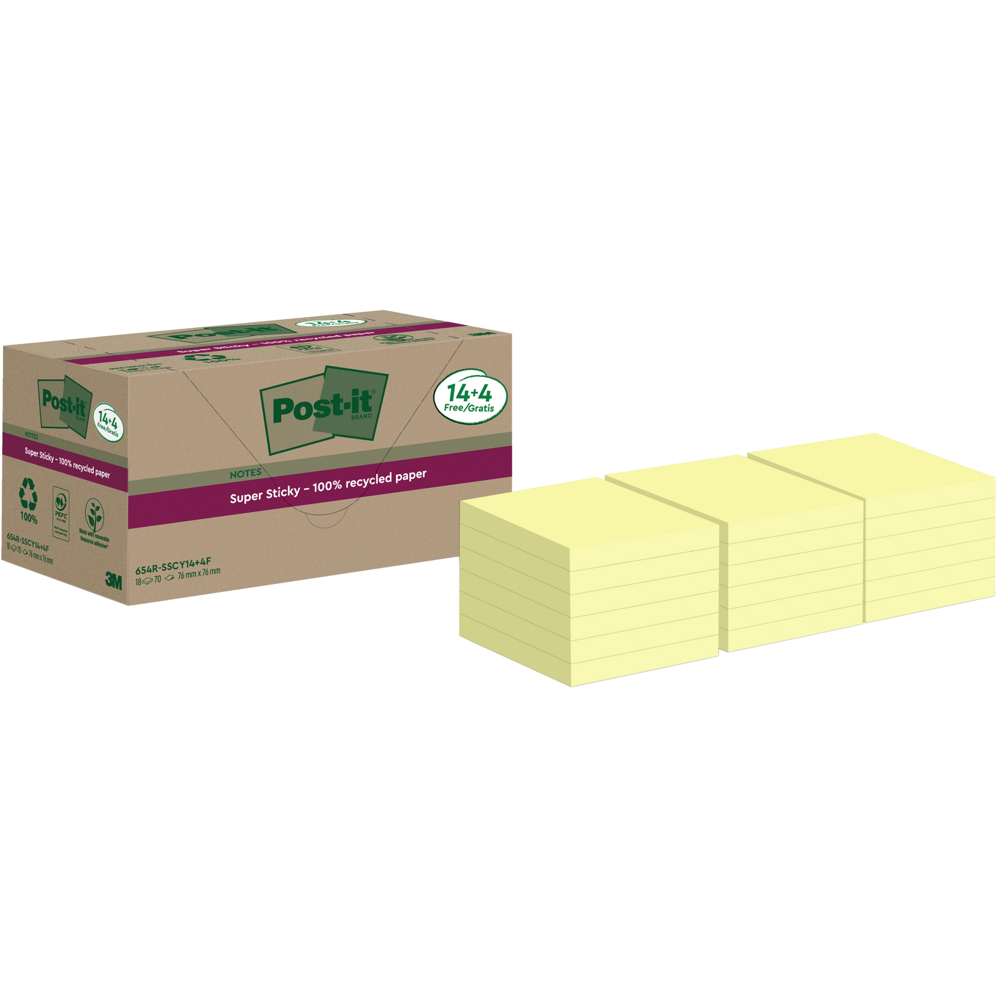 Post-it® Haftnotiz Super Sticky Recycling Notes 76x76mm gelb 18 Block/Pack.