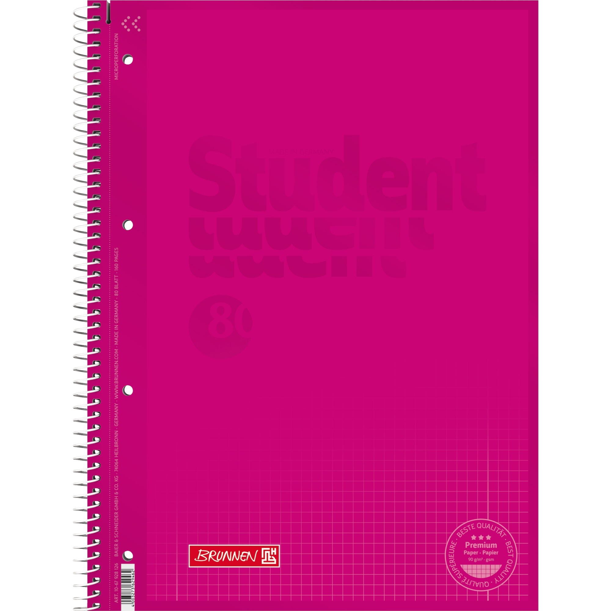 BRUNNEN Collegeblock Colour Code, Lineatur 28, durchgängig kariert, mit Doppelrand, 80 Blatt pink