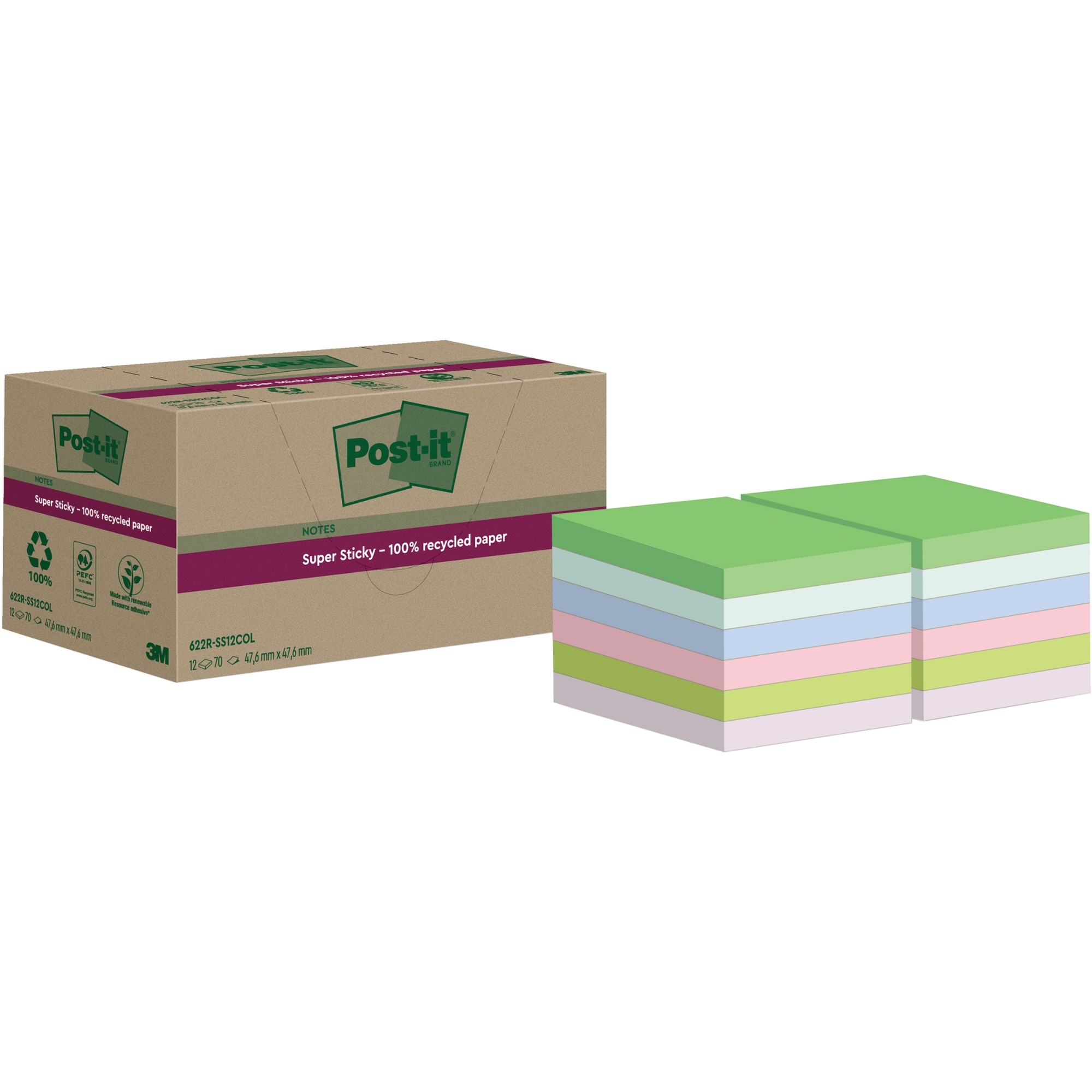 Post-it® Haftnotiz Super Sticky Recycling Notes 47,6x 47,6mm farbig 12 Block/Pack.