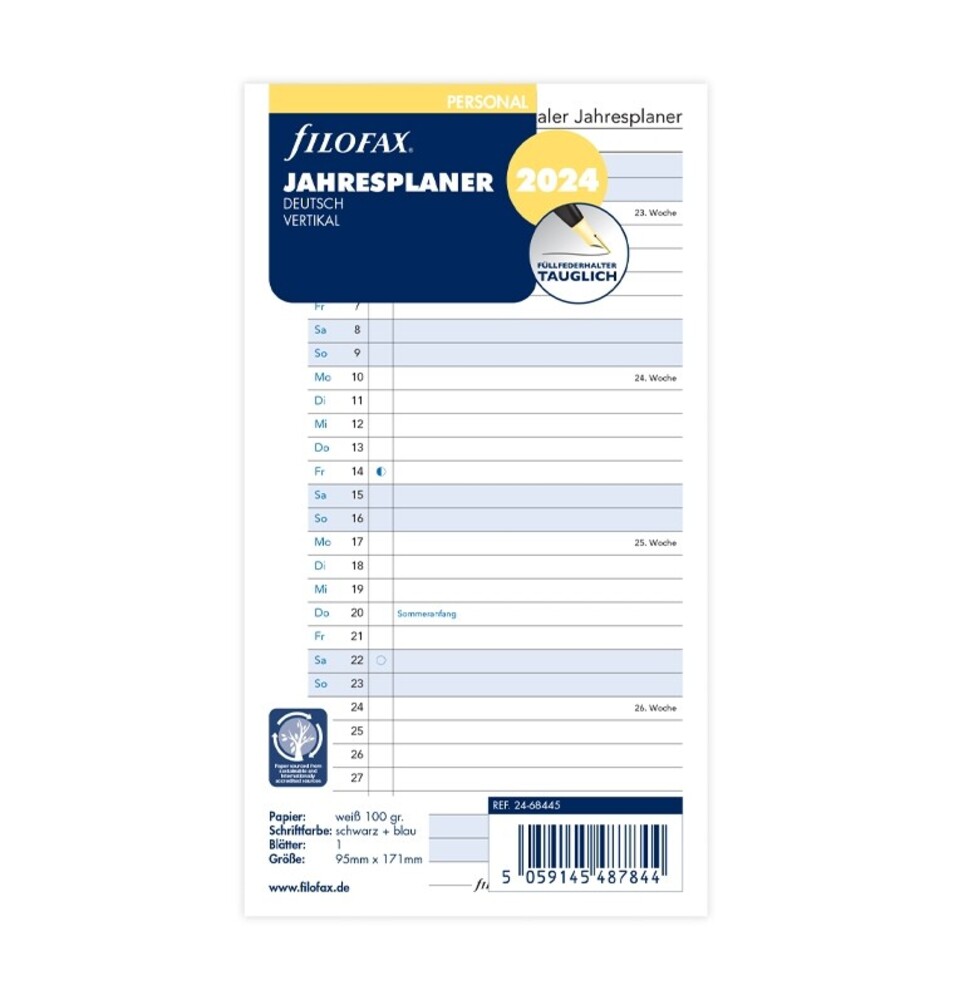 Filofax Kalendereinlage Personal Jahresplaner vertikal Deutsch 2024