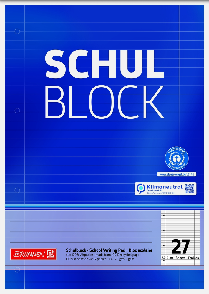 BRUNNEN Schulblock DIN A4, Lineatur 27, 50 Blatt, Recycling