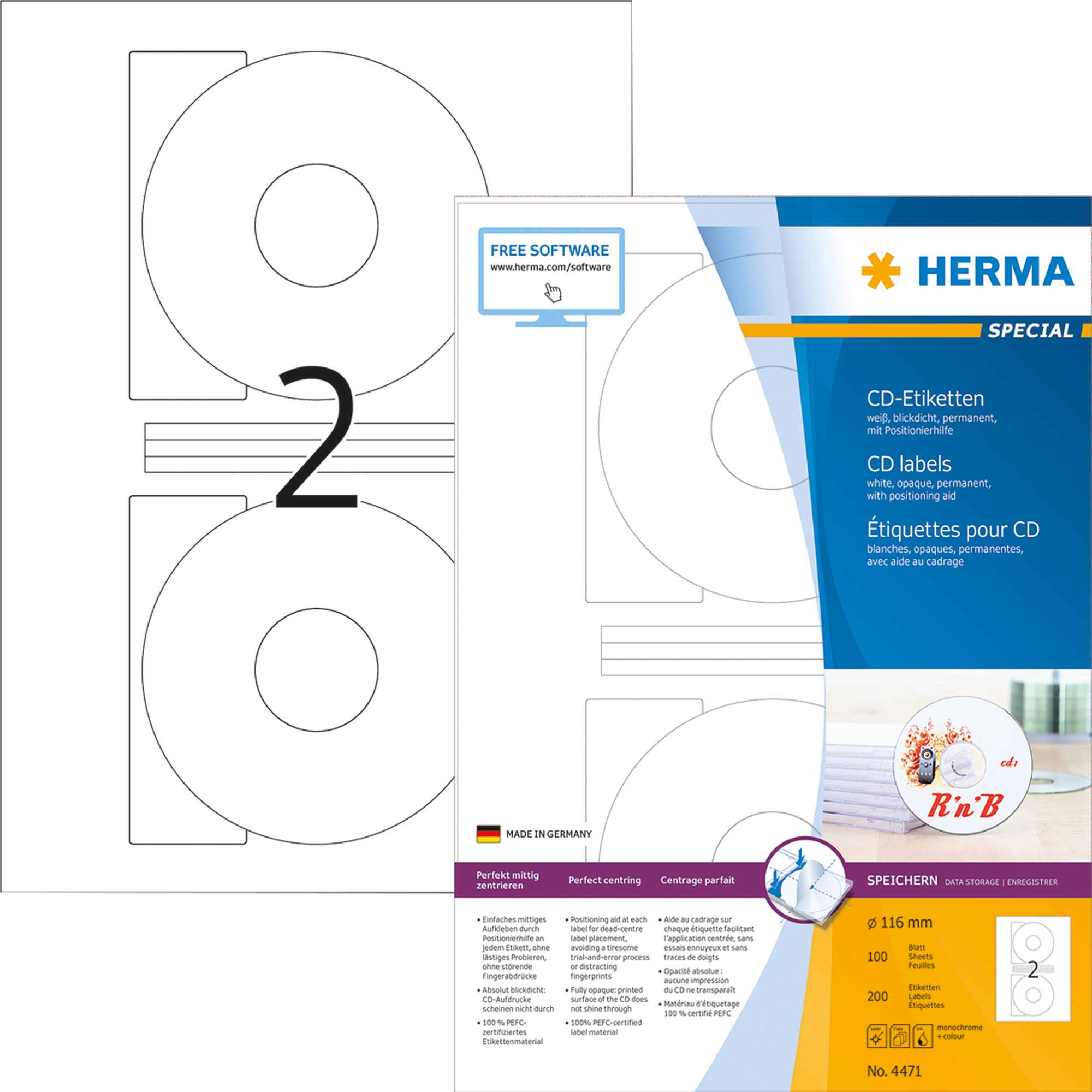 HERMA CD/DVD Etikett weiß, 116 mm, mit Positionierhilfe, Großpackung