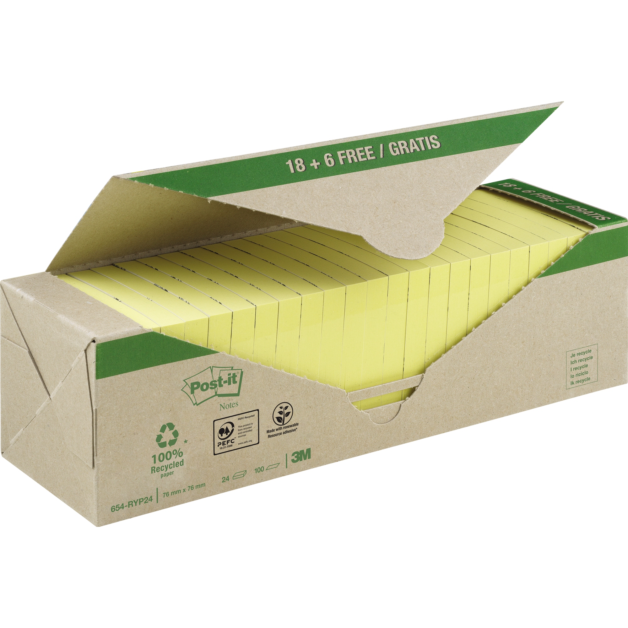 Post-it® Haftnotiz 76x76mm gelb Recycling Notes 24x100 Blt