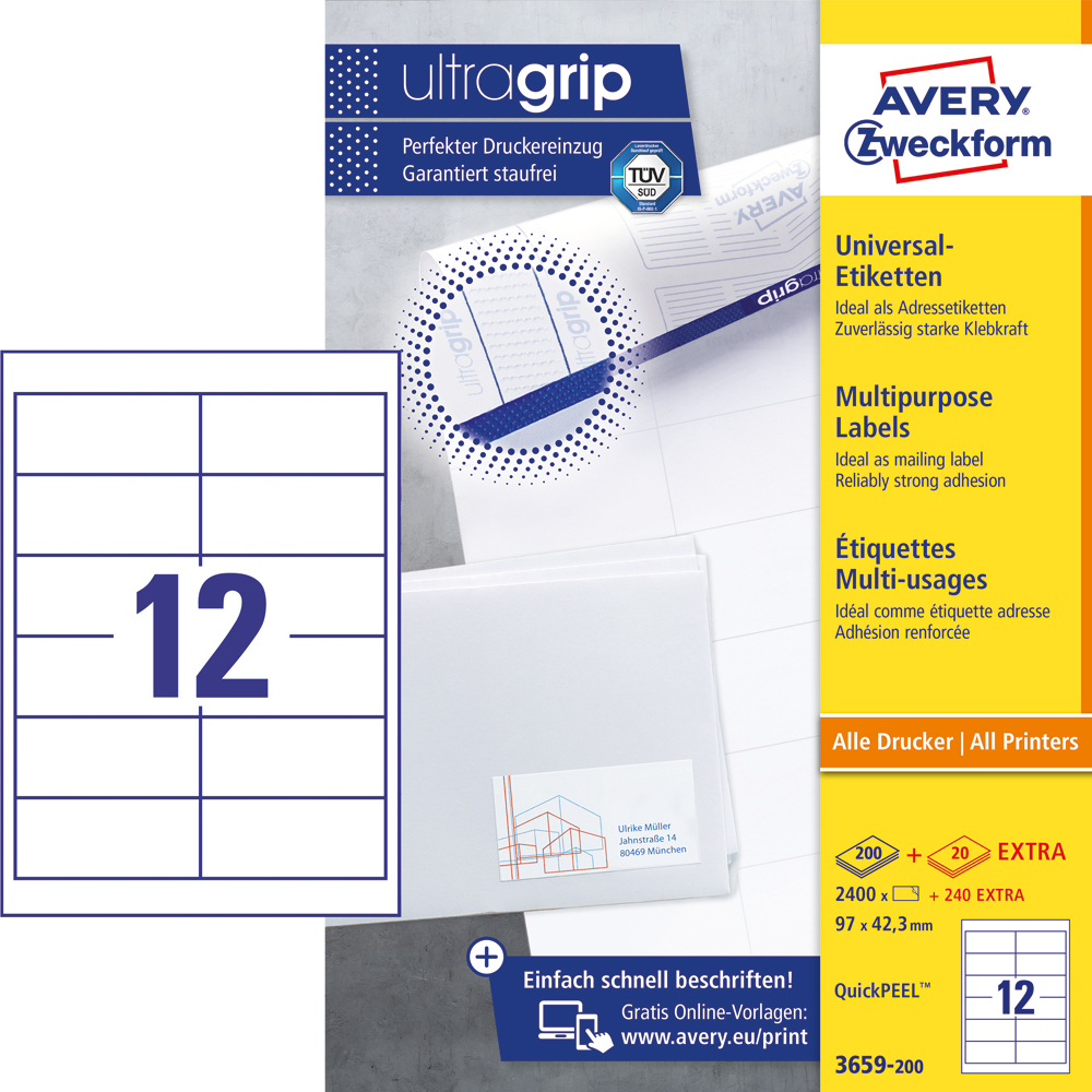 Avery Zweckform Universaletikett ultragrip 3659-200 97 x 42,3 mm weiß