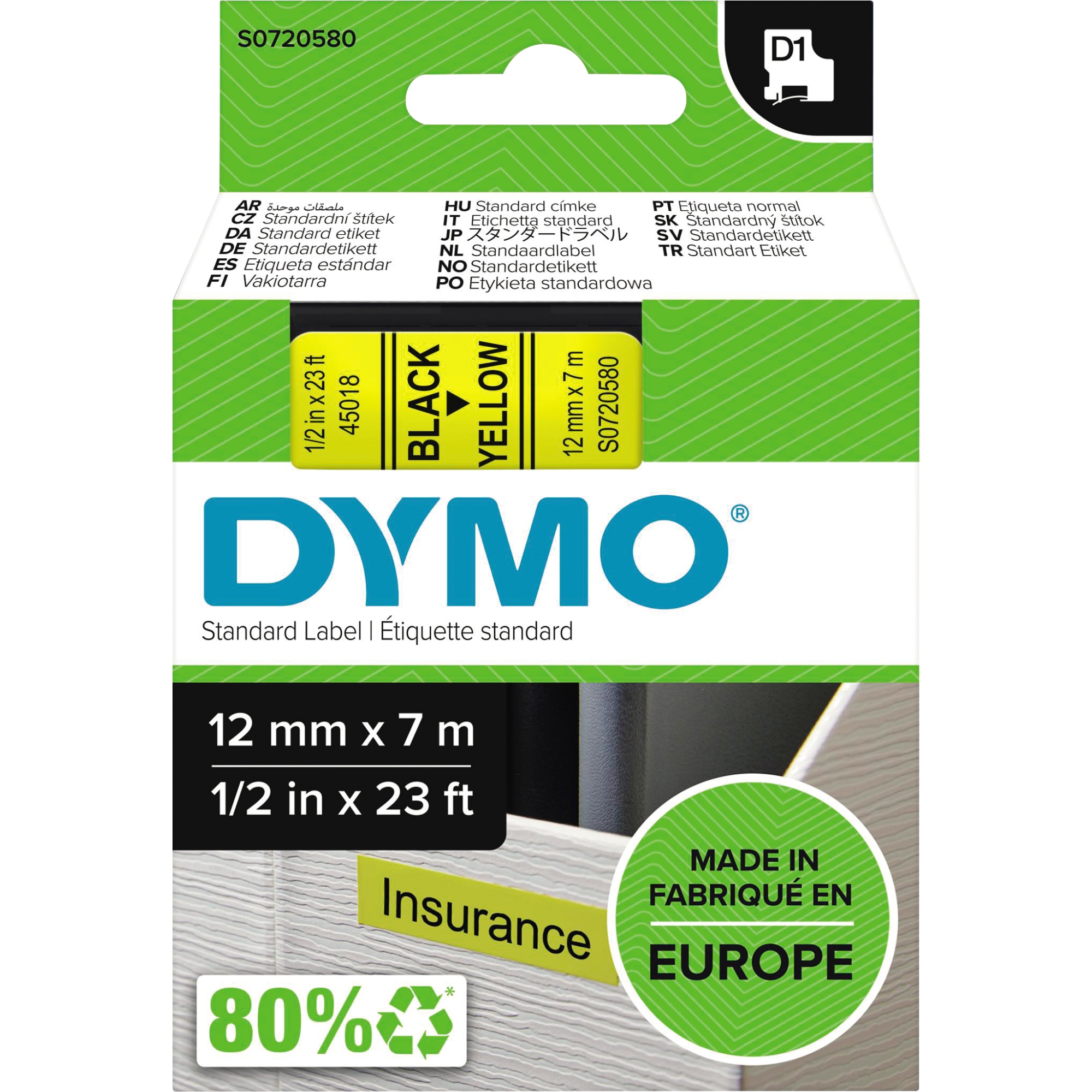DYMO® Schriftbandkassette D1 12 mm schwarz auf gelb