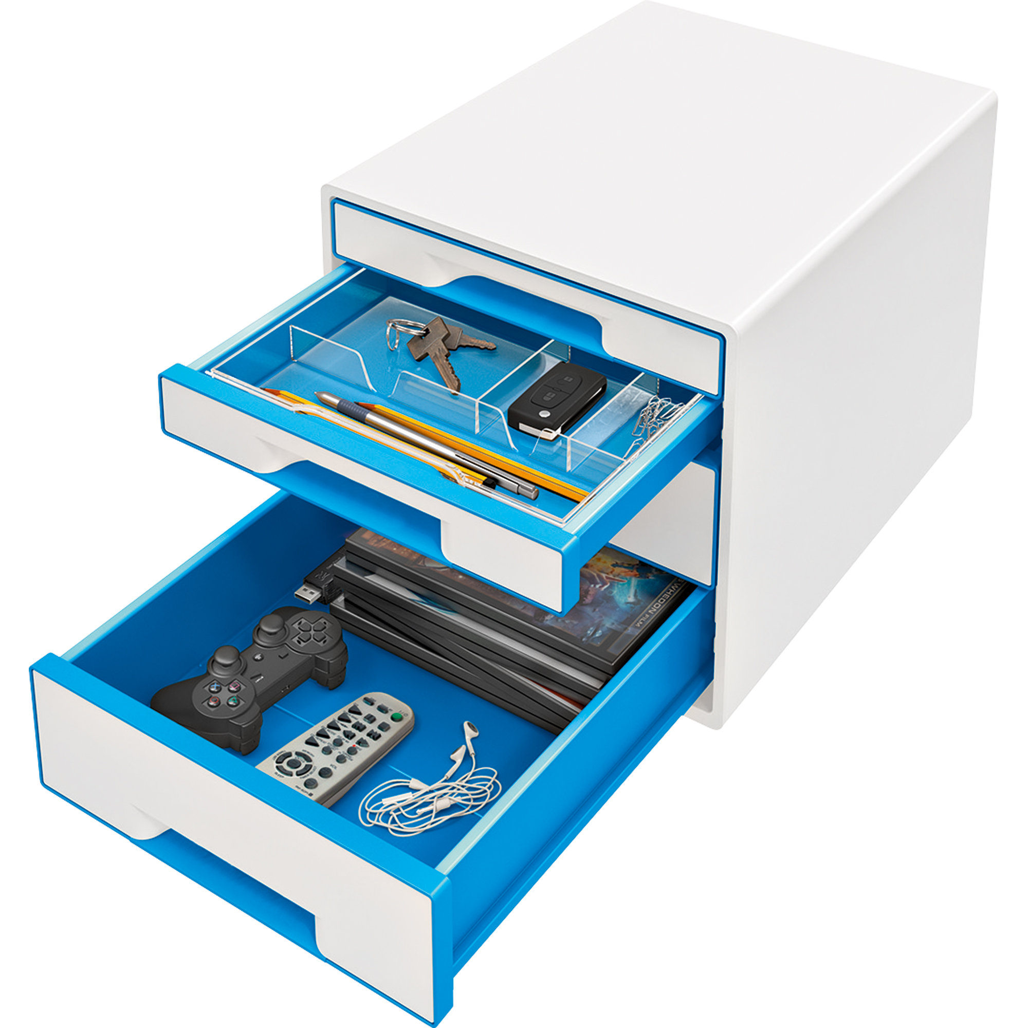Leitz Schubladenbox WOW CUBE 4 Schubfächer blau metallic, weiß