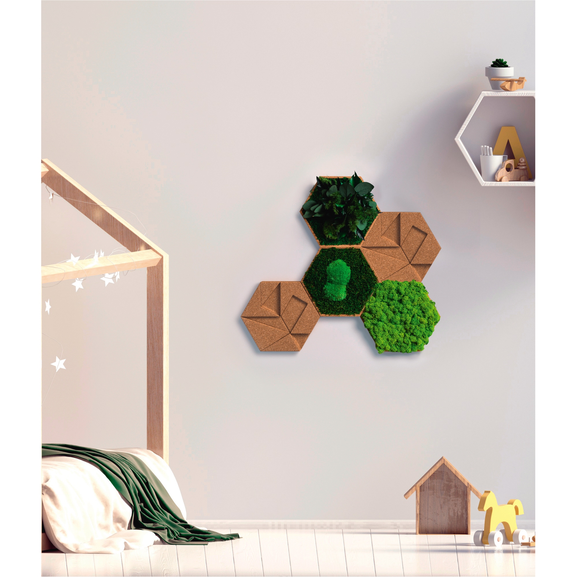 StyleGreen Pflanzenbild Kork-Hexagon Fliesen Set 5 Teile