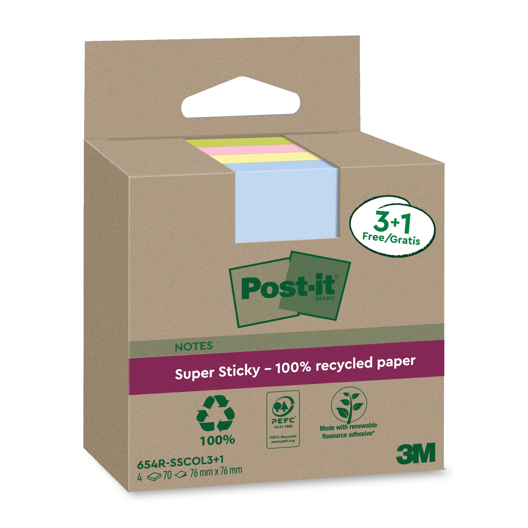 Post-it® Haftnotiz Super Sticky Recycling Notes 76x76mm farbig sortiert 4 Block/Pack.