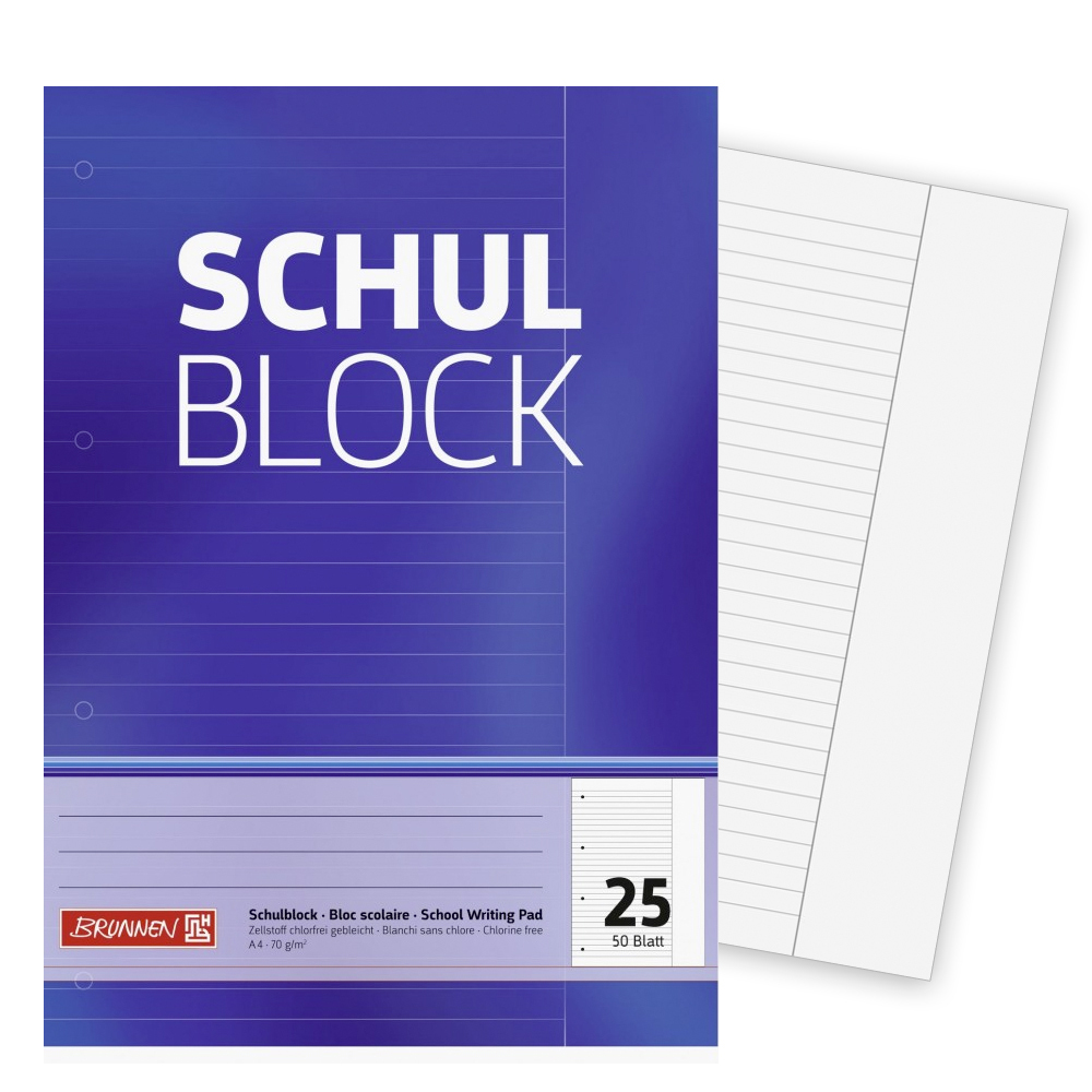 BRUNNEN Schulblock DIN A4, Lineatur 25, mit Rand, 50 Blatt