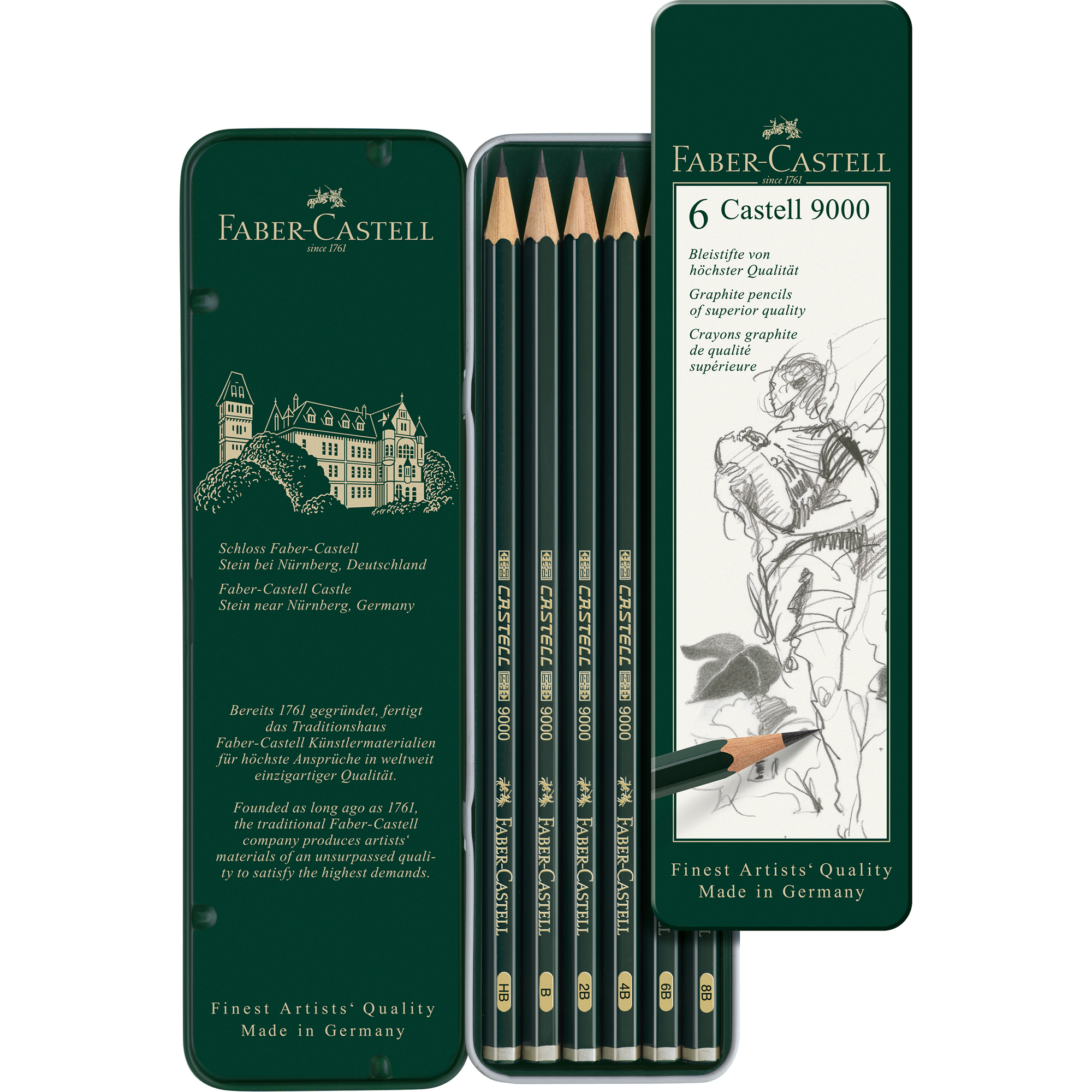 Faber-Castell Bleistift CASTELL® 9000 ohne Radierer 6 St./Pck. HB, B, 2B, 4B, 6B, 8B