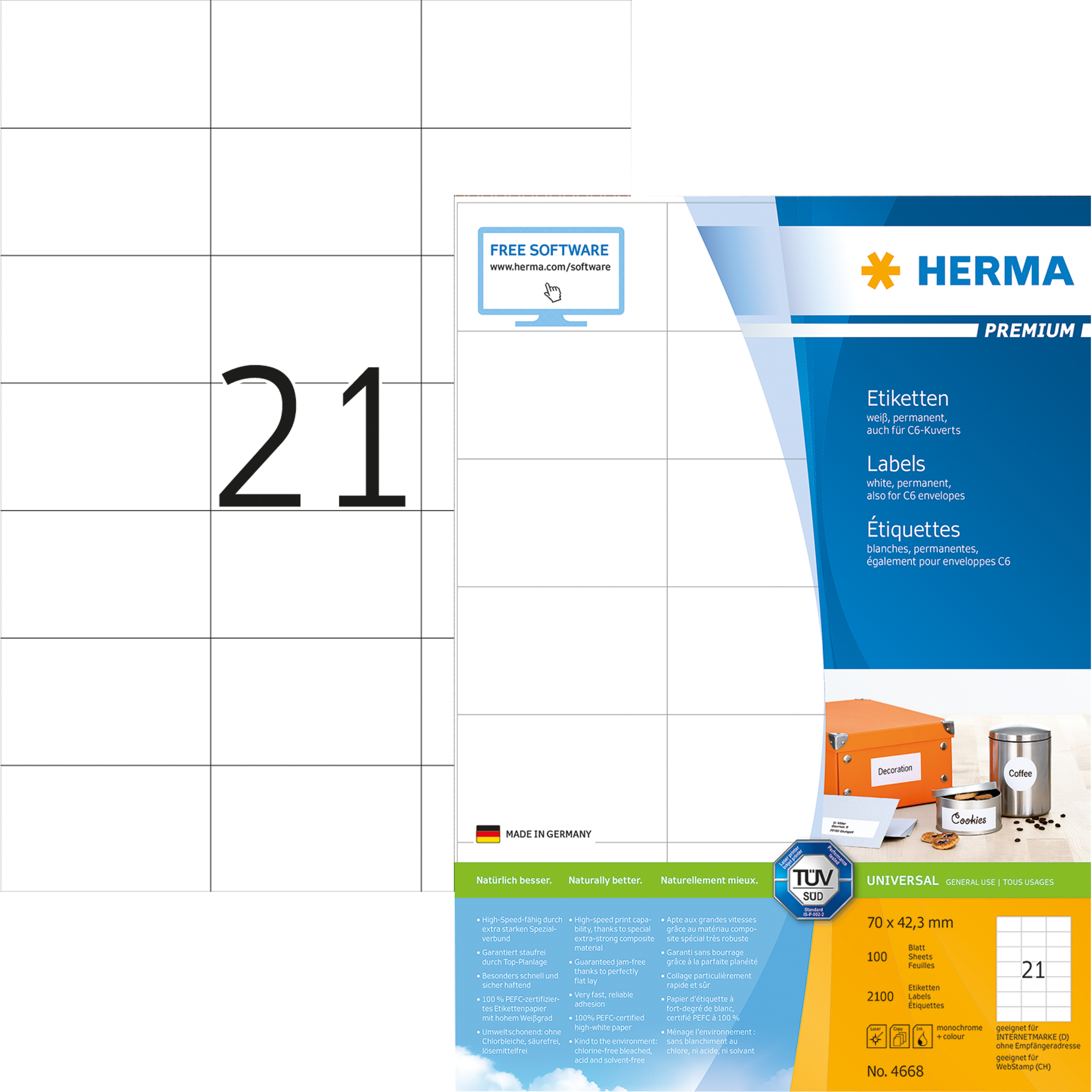 HERMA Universaletikett Premium weiß, 70 x 42,3 mm, 2.100 St.