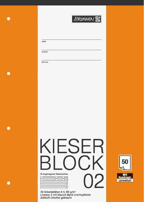 BRUNNEN Schulblock/Kieserblock DIN A4, Lineatur 2, Kontrastlineatur, 50 Blatt