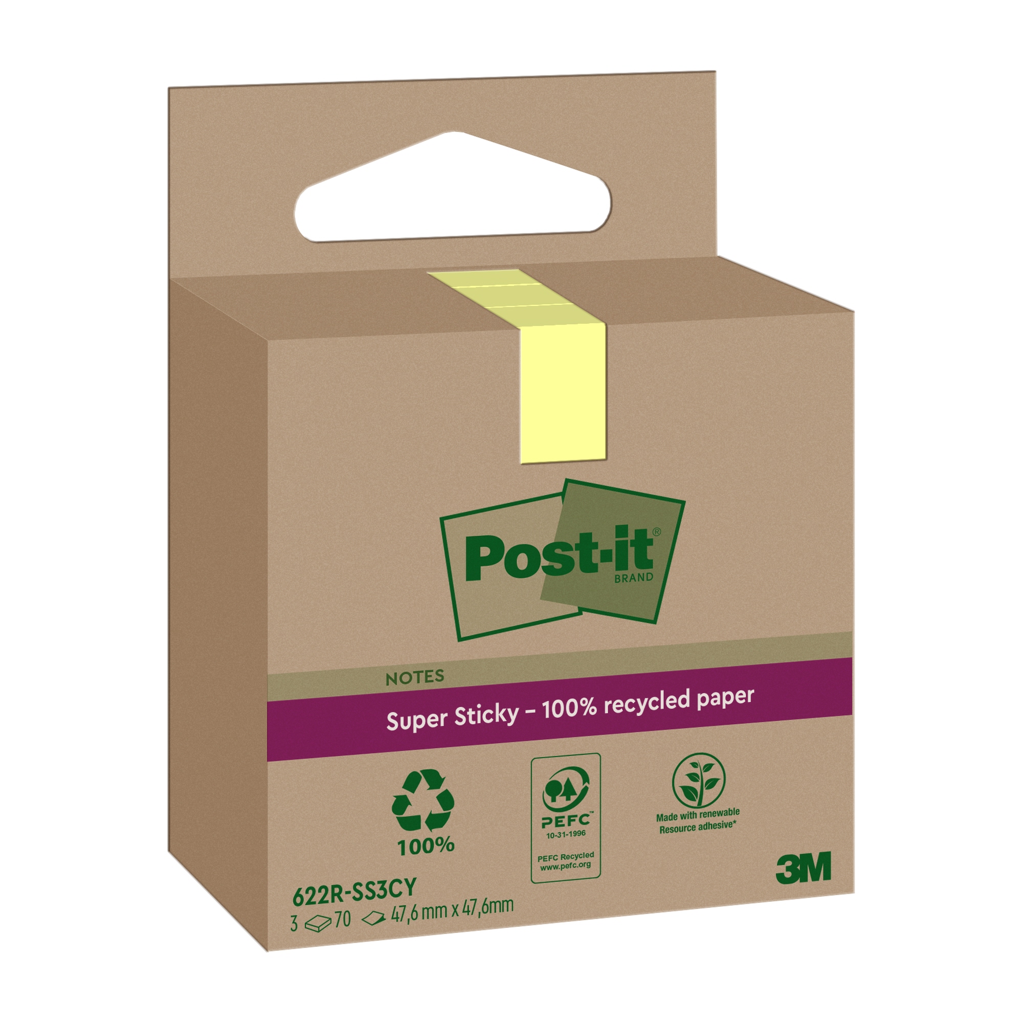 Post-it® Haftnotiz Super Sticky Recycling Notes 47,6 mm 3 Block/Pack.