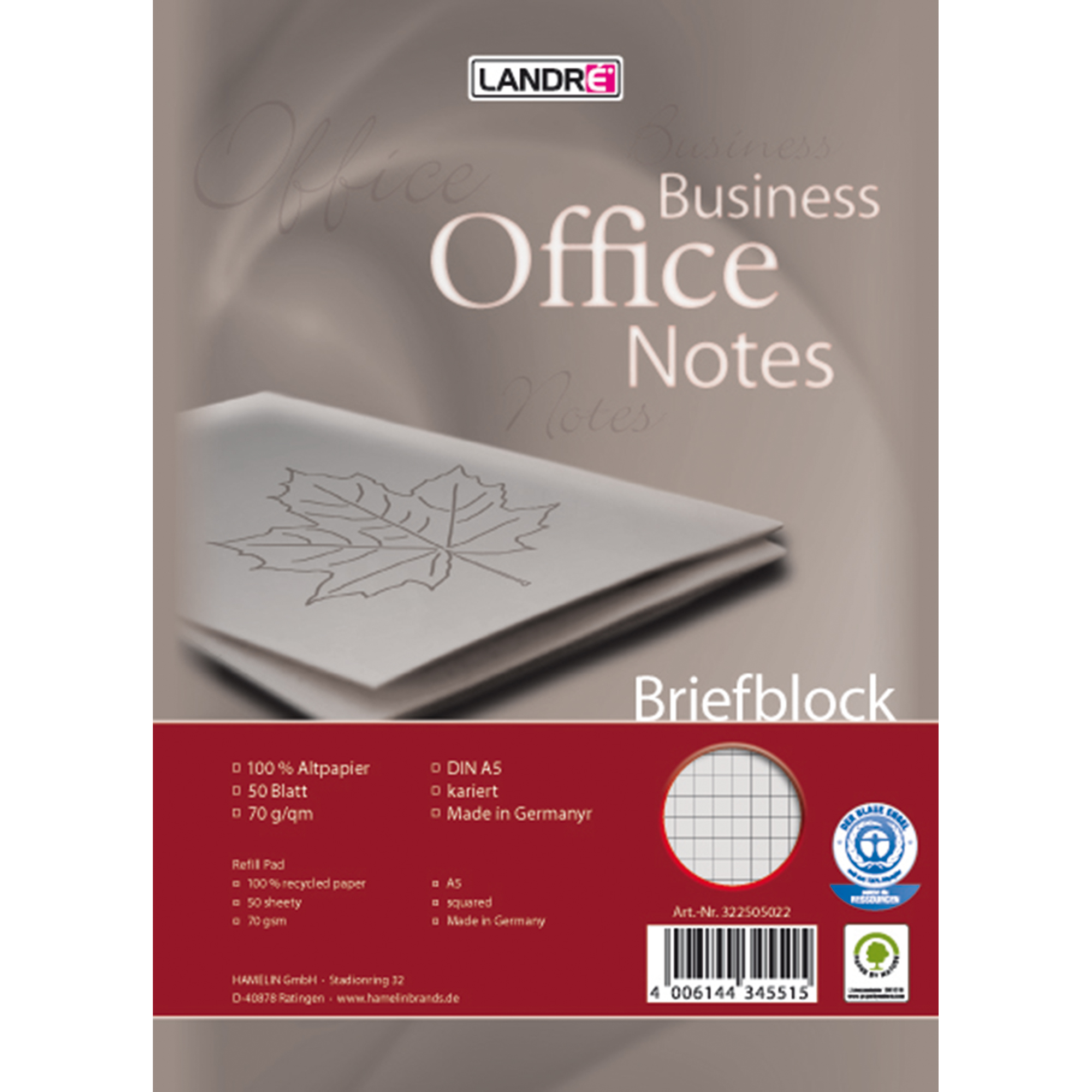 Landré Briefblock Business Office Notes DIN A4 Recyclingpapier kariert
