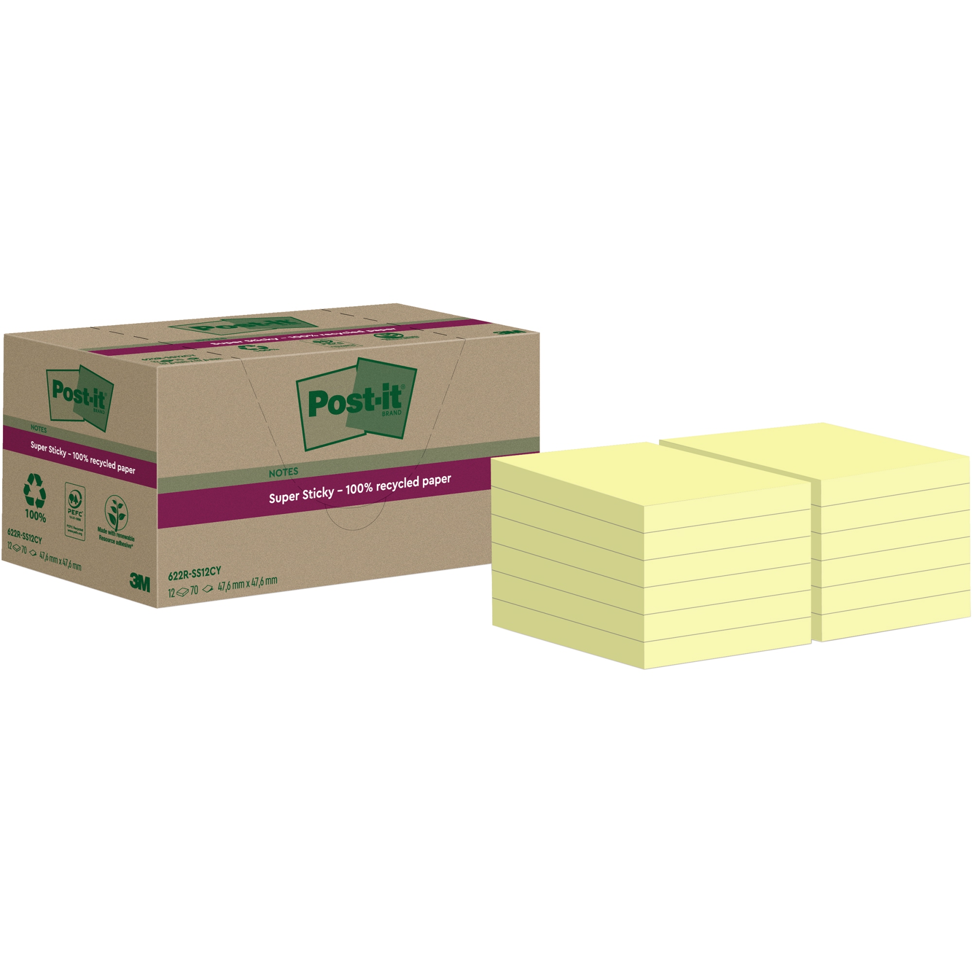 Post-it® Haftnotiz Super Sticky Recycling Notes 47,6 mm 12 Block/Pack.