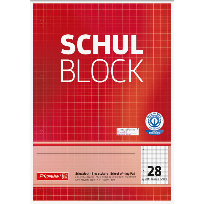 BRUNNEN Schulblock DIN A4, Lineatur 28, 50 Blatt Recycling
