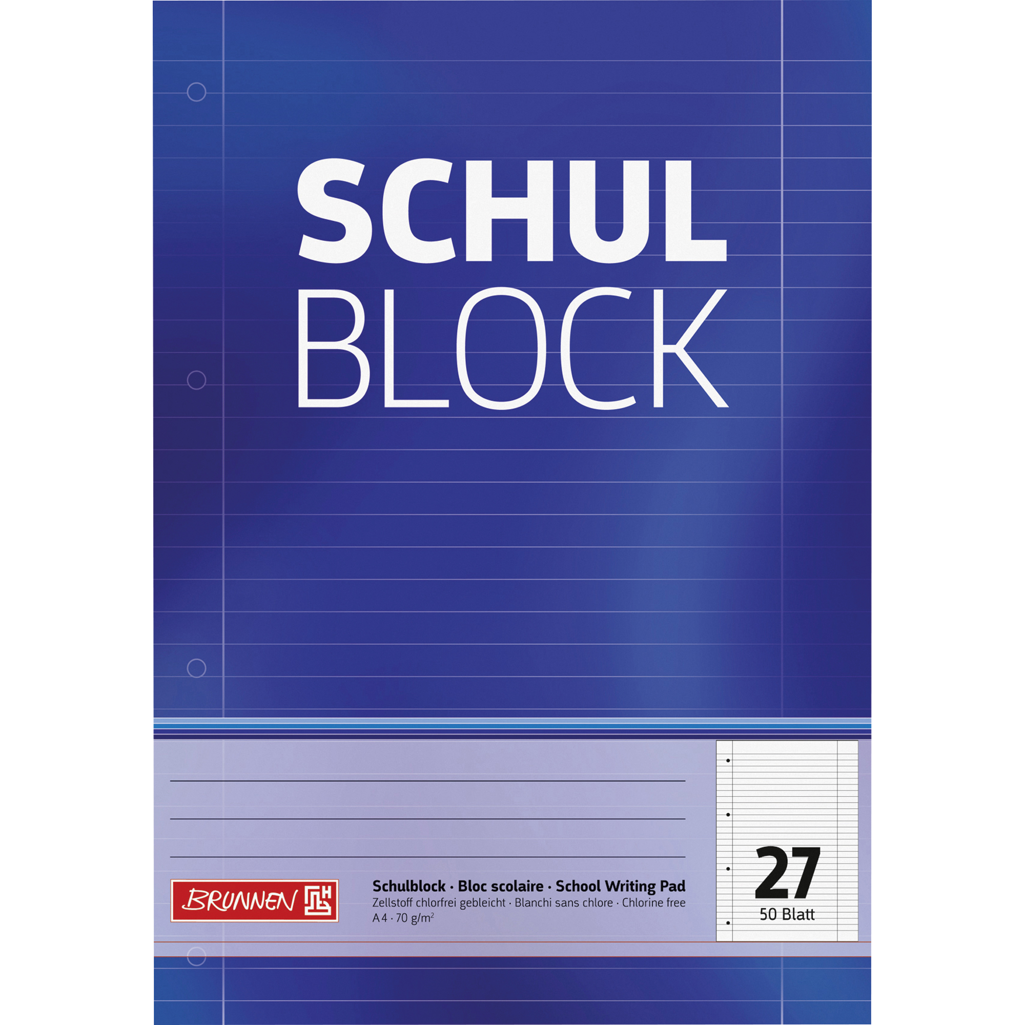 BRUNNEN Schulblock DIN A4, Lineatur 27, mit Doppelrand, 50 Blatt