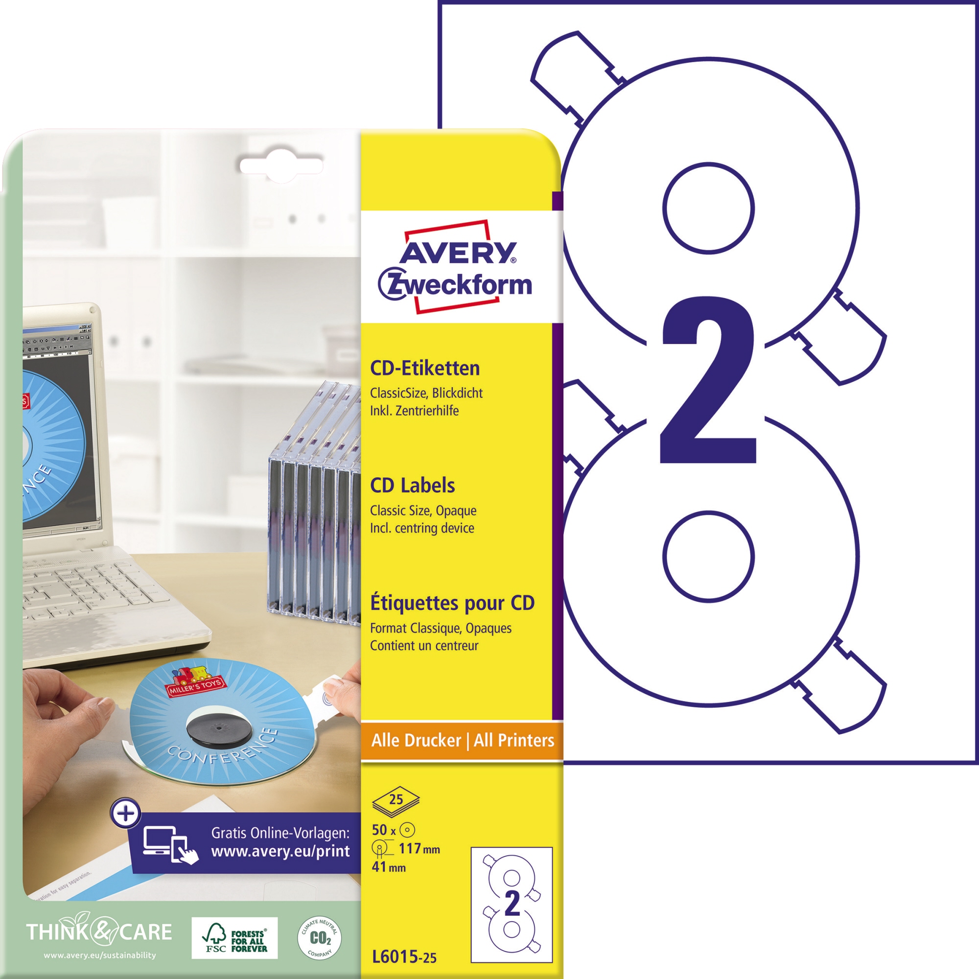 Avery Zweckform CD/DVD Etikett weiß, 117mm, matt, mit Zentrierhilfe