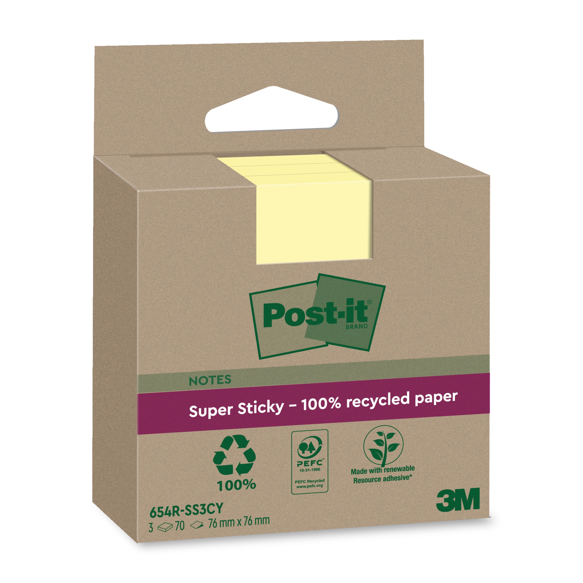 Post-it® Haftnotiz Recycling Notes 76x76mm SuperSticky gelb 3 Block/Pack.