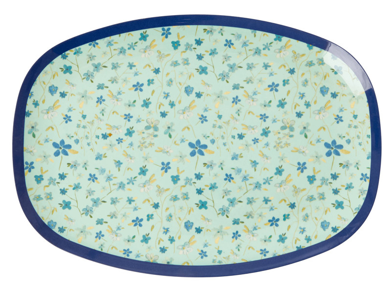 Rice Teller rechteckig 30 x 22 cm Blumen blau, hellgrün