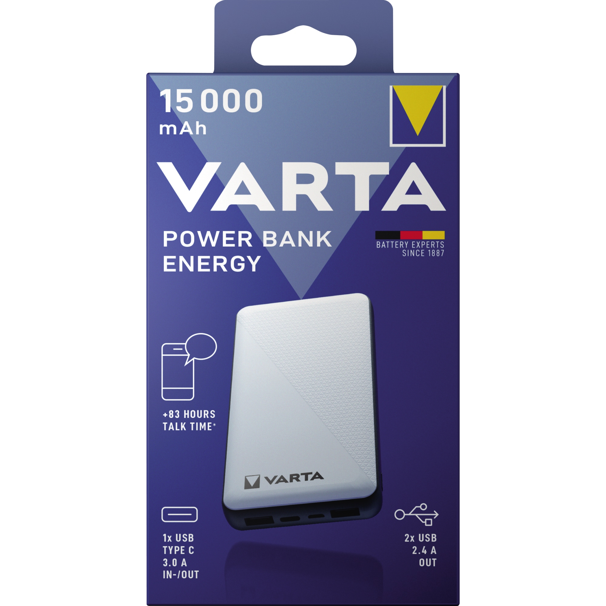 VARTA Powerbank Energy weiß 10000mAh 4USB-Ports Ladekabel 15.000 m