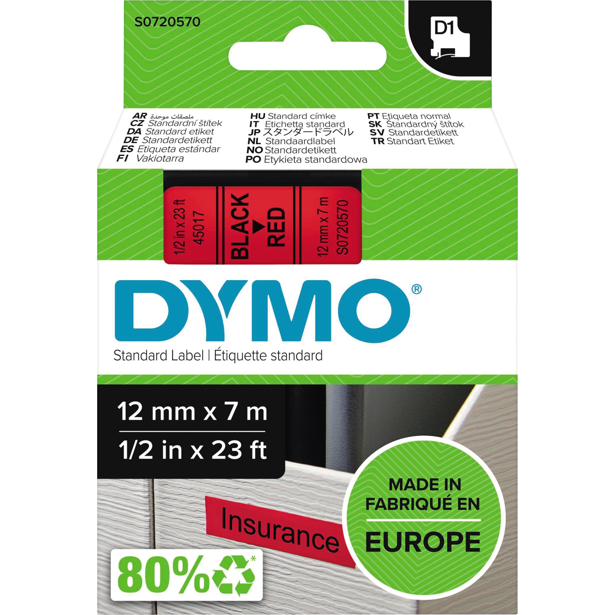 DYMO® Schriftbandkassette D1 12 mm schwarz auf rot