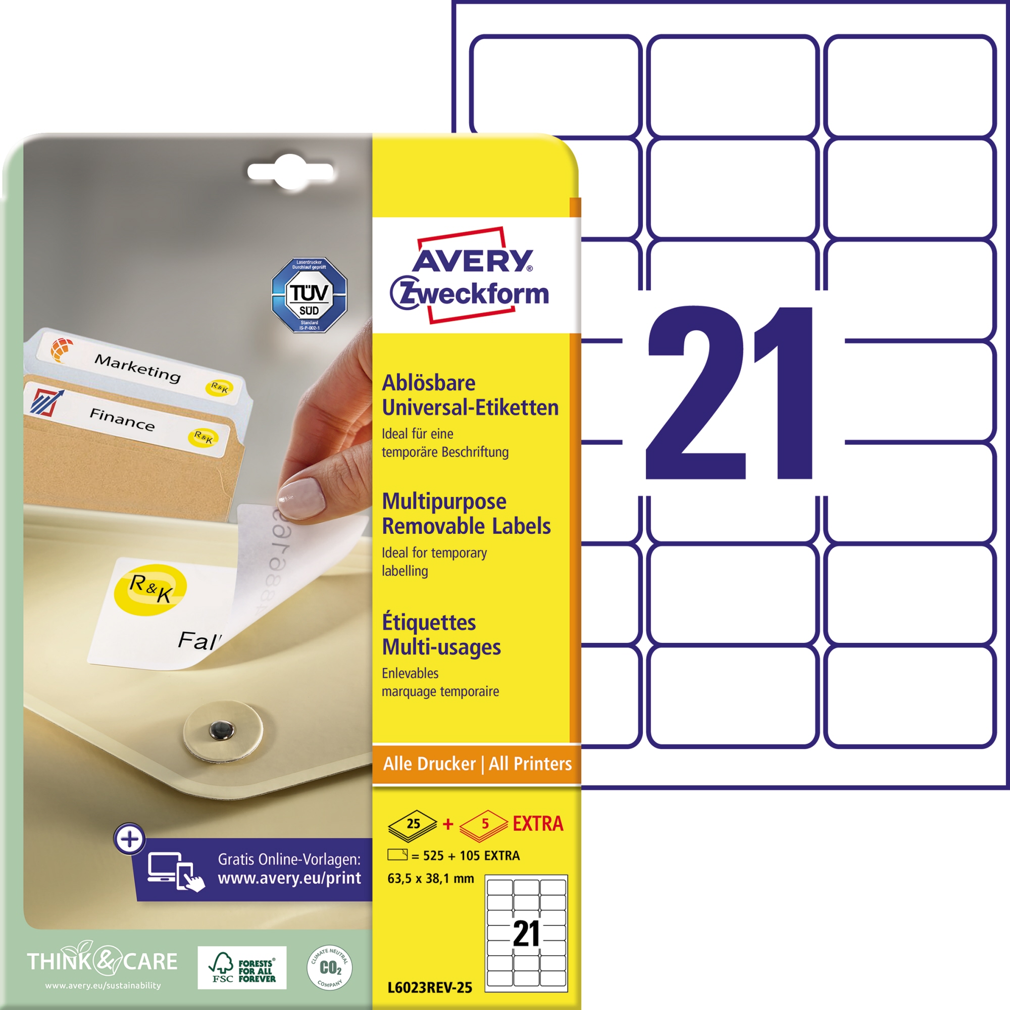 Avery Zweckform Universaletikett weiß, 63,5 x 38,1 mm, Vorteilspack + 5 Blatt gratis